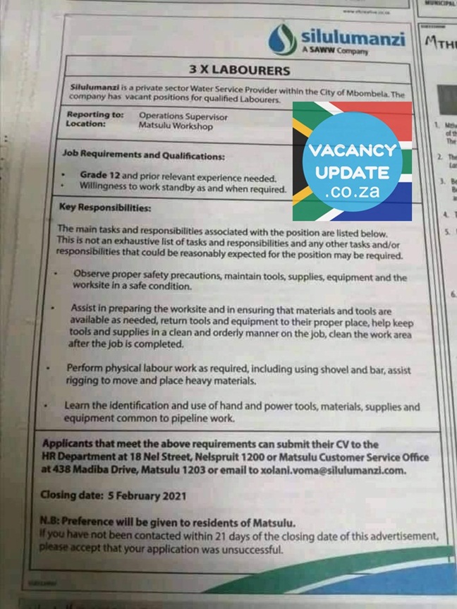 Silulumanzi Job Vacancy As Labour 2021 Offering 3 Positions As Labourers For Grade 12 Qualification Holders