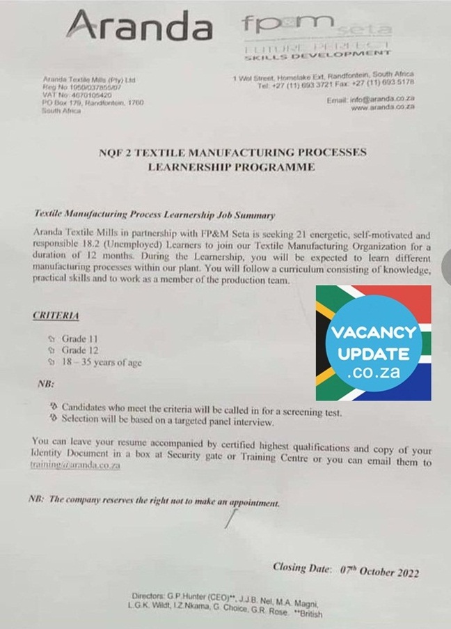 Aranda Textile Manufacturing Process Learnership 2023-2024: Offering