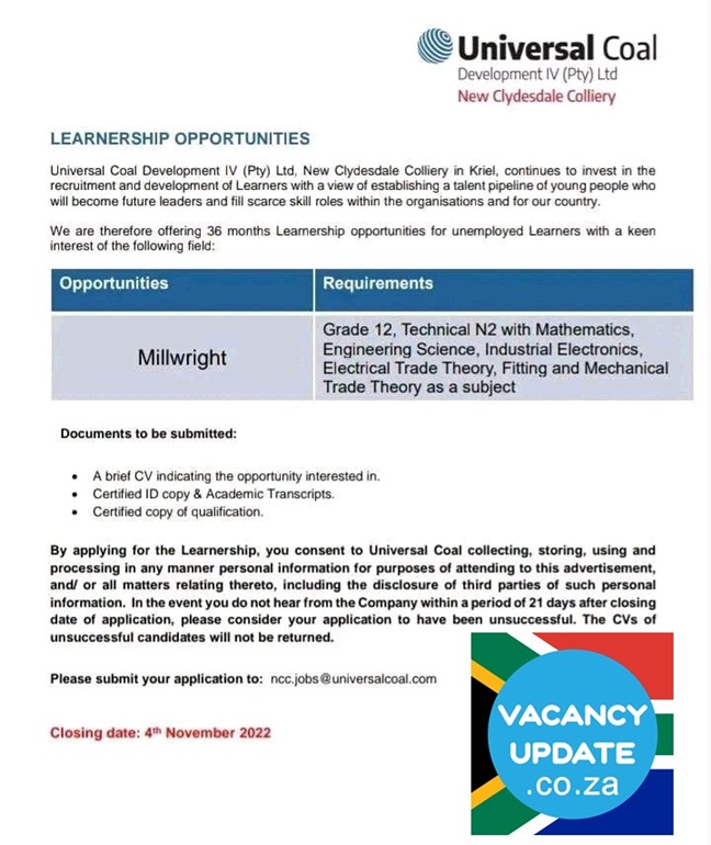 Universal Coal Millwright Learnership 2023-2024: Encouraging Unemployed ...